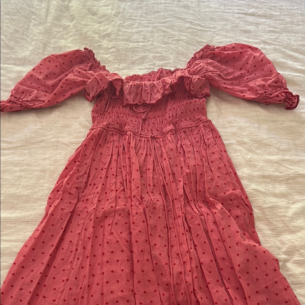 Doen Pink Ruched Ruffled Off-Shoulder Maxi Dress. Can’t recall style name